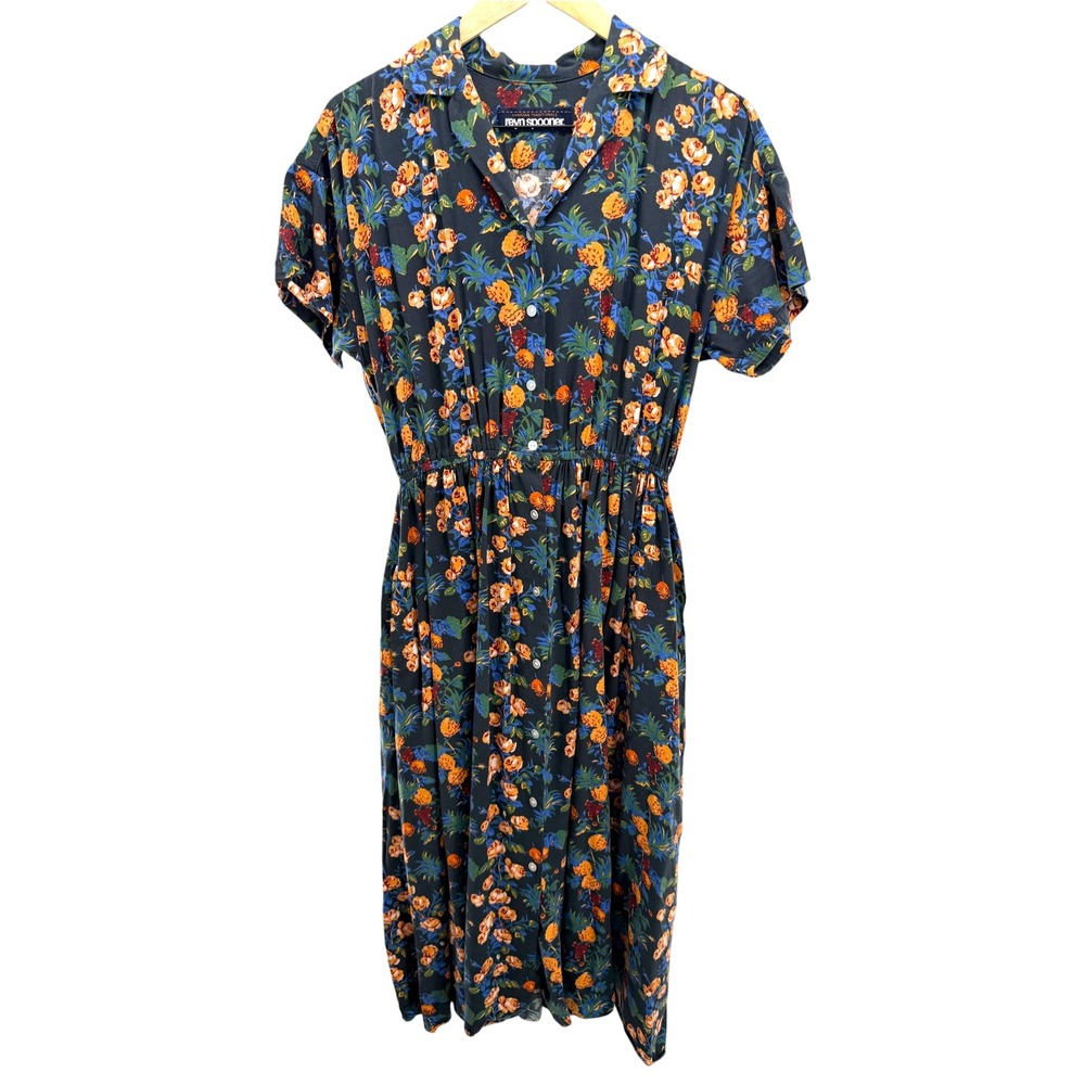 Reyn Spooner Dress M Hawaiian Traditional Pineapple Floral Midi Resort Vacation